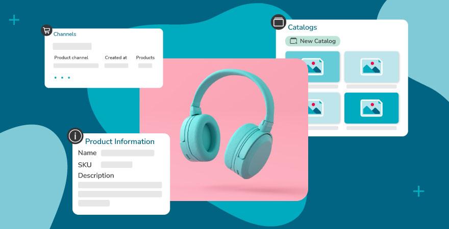 Image of teal headphones product shot with Canto PIM product UI elements popping out such as product information, channels, and catalogs the headphones reside within, all overtop a blue background.