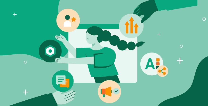 Eine Marketingexpertin mit Zopf interagiert mit Symbolen, die verschiedene Aspekte aus dem Brand Management repräsentieren.