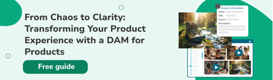 Green background banner with product imagery on the right and ebook name on the left: "From Chaos to Clarity: Transforming Your Product Experience with a DAM for Products" and a button "Free guide".
