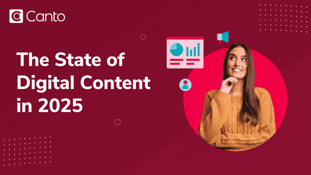 Woman happily thinking about digital content trends for 2025 over a red background.