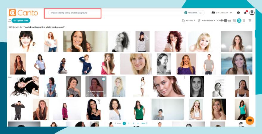 Search prompt inside Canto using AI Visual Search for "model smiling with a white background and many results appearing."