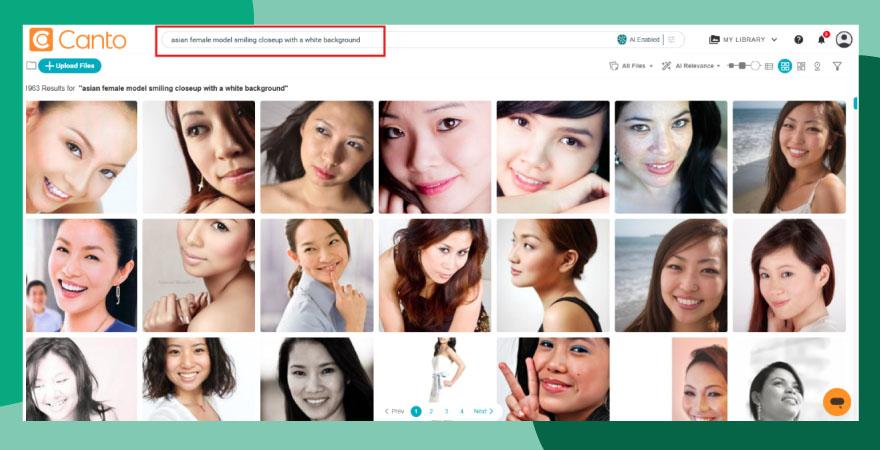 Prompt engineering improves search results inside Canto AI Visual Search using prompt "asian female model smiling closeup with a white background."