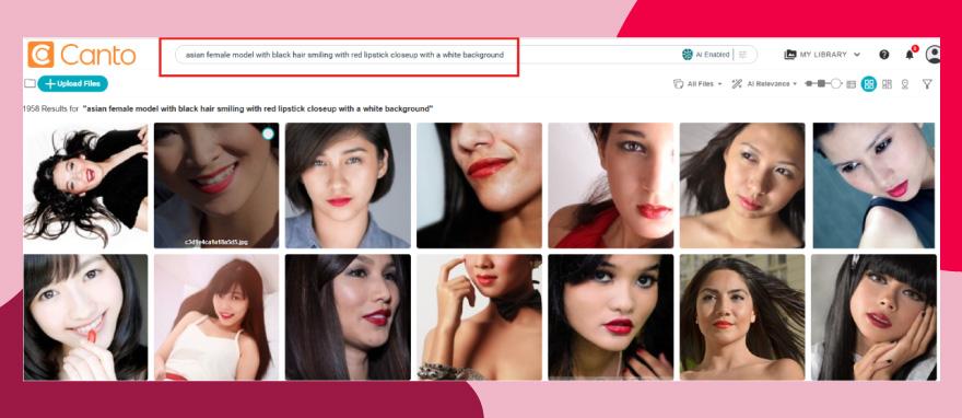 Prompt engineering refined further inside Canto AI Visual Search overtop a red background.