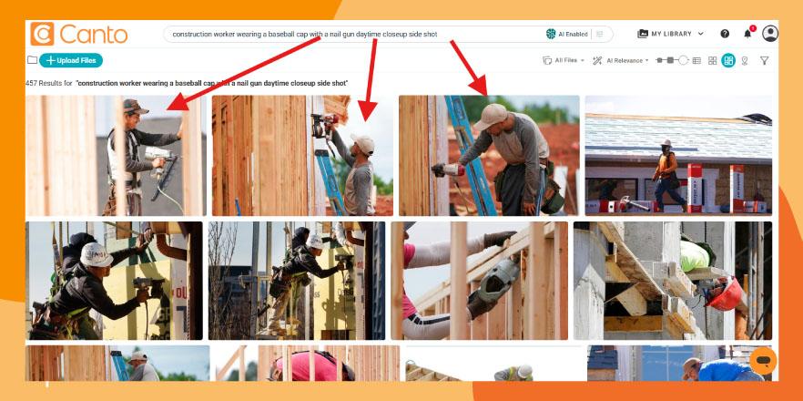 Prompt engineering inside Canto AI Visual Search helps users find non-compliant construction photography quickly.