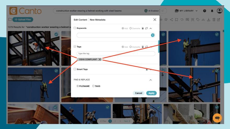 Screenshot showing a repository of OSHA compliant images created by searching compliant images with AI Visual Search and adding OSHA compliant as a tag to all respective images.