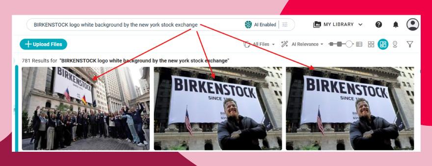 Screenshot of images found using Canto AI Visual Search that display the BIRKENSTOCK logo by a specific location.