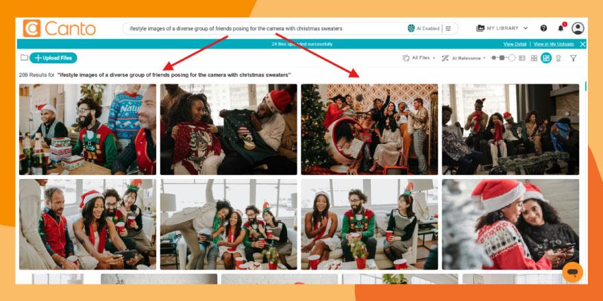 Screenshot of a natural language search using AI Visual Search to find seasonal assets quickly.