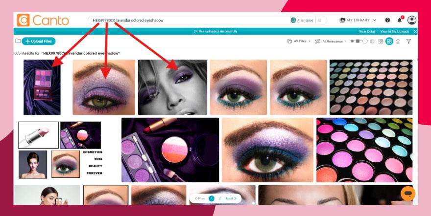 Screenshot of a keyword and natural language search using Canto AI Visual Search revealing images that use a specific HEX code.