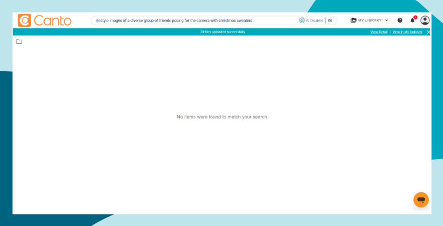 Screenshot of no search results populating in Canto using natural language and keyword search only.