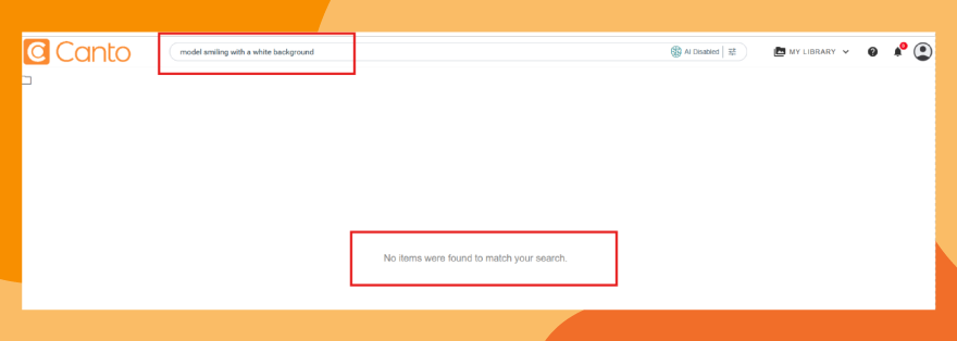 Search prompt without AI Visual Search inside Canto for "model smiling with a white background" and no results.