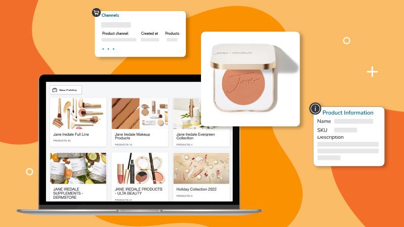A laptop screen showcasing catalog management for beauty products, including categories, product information, and distribution channels.