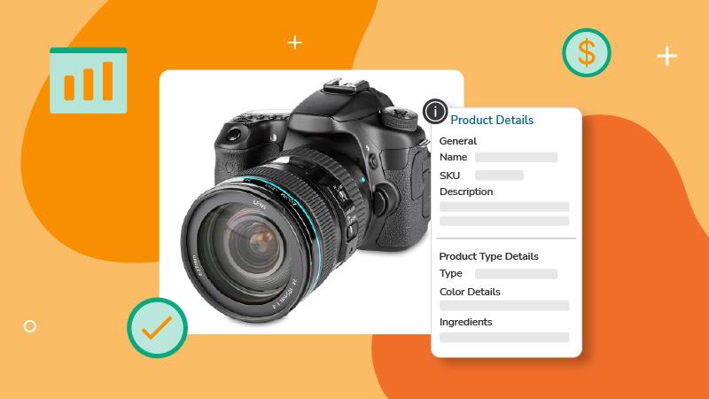 A professional DSLR camera is displayed alongside a product details panel that includes fields like name, SKU, and description. The background features graphical elements such as a checkmark, a bar chart, and a dollar sign, emphasizing e-commerce and product data accuracy. This image represents the role of a PIM integration strategy in organizing and synchronizing product information for seamless digital commerce operations.