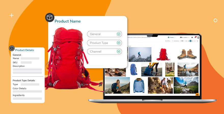A red hiking backpack is shown with product data fields and a laptop displaying related lifestyle images, highlighting how digital shelf strategy helps manage product information and visual assets effectively across channels.