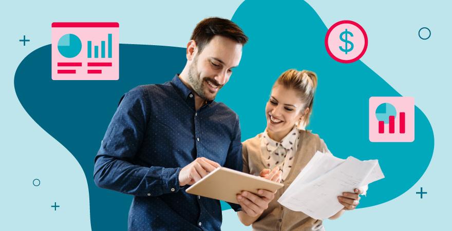 A man and woman review data together on a tablet, surrounded by icons for analytics and revenue, representing collaborative planning and optimization as part of a successful digital shelf strategy.