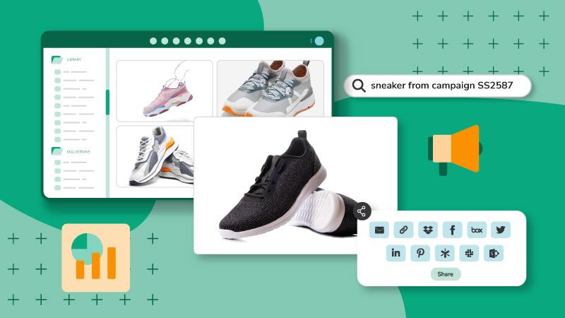 A digital library of sneaker product images is shown with smart search and multi-channel sharing options, emphasizing efficient content management. The scene underscores the importance of streamlined marketing operations during periods of economic uncertainty.