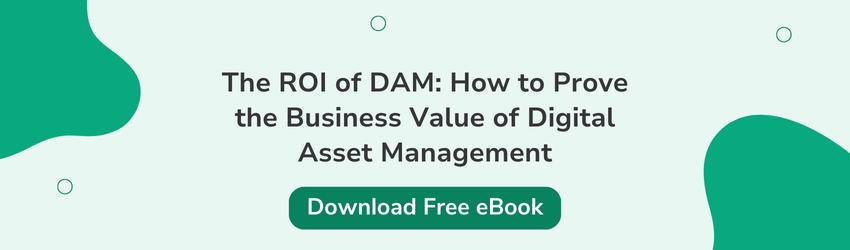 Call-to-action banner for a free eBook titled "The ROI of DAM: How to Prove the Business Value of Digital Asset Management," designed to help marketers overcome leadership objections to software investments.