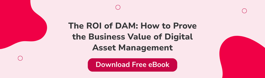 Call-to-action banner for a free eBook titled "The ROI of DAM: How to Prove the Business Value of Digital Asset Management," offering insights on how DAM cost savings improve marketing efficiency and reduce operational waste.