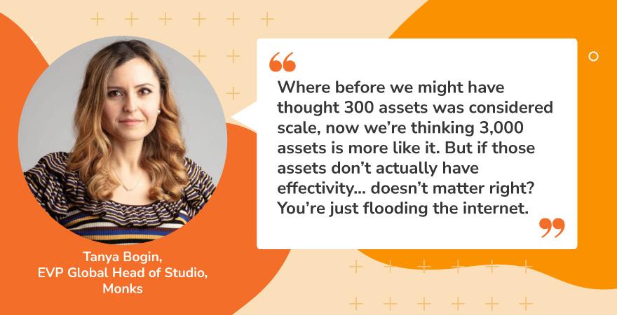 Quote graphic featuring Tanya Bogin, EVP Global Head of Studio at Monks, with a headshot on the left and her quote on the right. The quote discusses the shift in scale from 300 to 3,000 content assets, emphasizing that without effectiveness, more content just floods the internet. This insight highlights a key theme of content innovation: quality and impact over sheer volume.