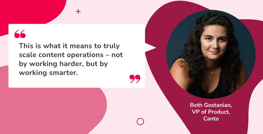 Quote graphic featuring Beth Gostanian, VP of Product at Canto, with her headshot on the right and her quote on the left. The quote emphasizes that scaling content operations isn’t about working harder but about working smarter. This insight highlights a core theme of content innovation—leveraging smarter systems and strategies to scale efficiently and effectively.