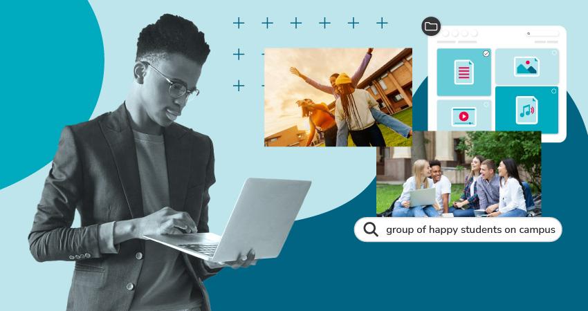 Junger Mann mit Laptop, im Hintergrund Bilder von glücklichen Studierenden und eine digitale Benutzeroberfläche.