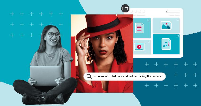 Die AI Visual Search von Canto zeigt ein Bild aus einem Modemagazin, auf dem ein Model mit dunklem Haar und rotem Hut in die Kamera blickt.