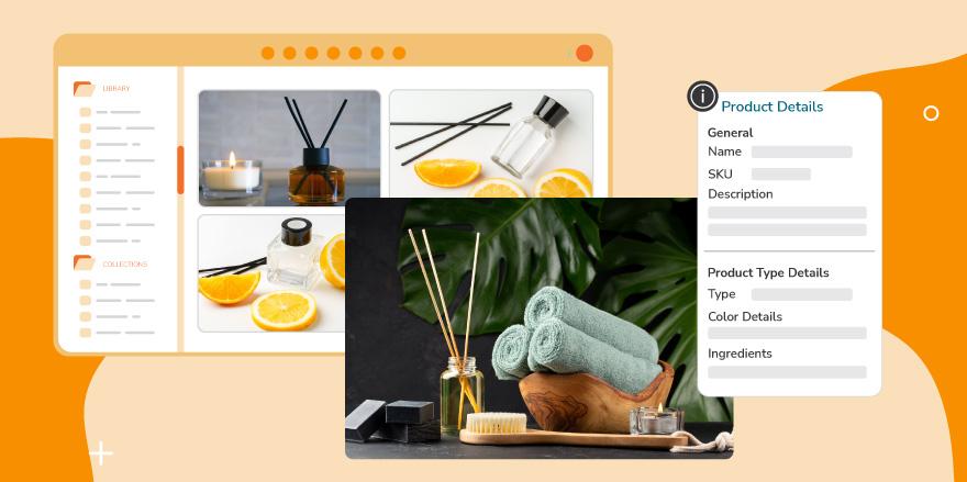 Visual representation of data quality management with DAM + PIM, showing a digital asset library, product details panel, and lifestyle product photography for consistent, accurate content management.