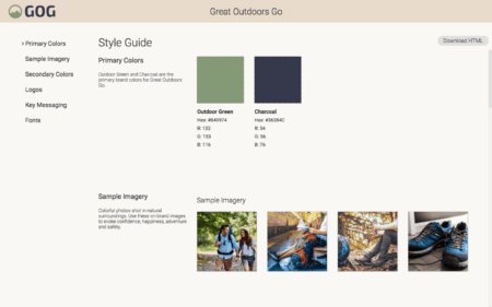 Screenshot einer Beispielseite aus dem Styleguide von GOG im Digital Asset Management-System von Canto, mit Bildbeispielen und den Farben des Unternehmens.