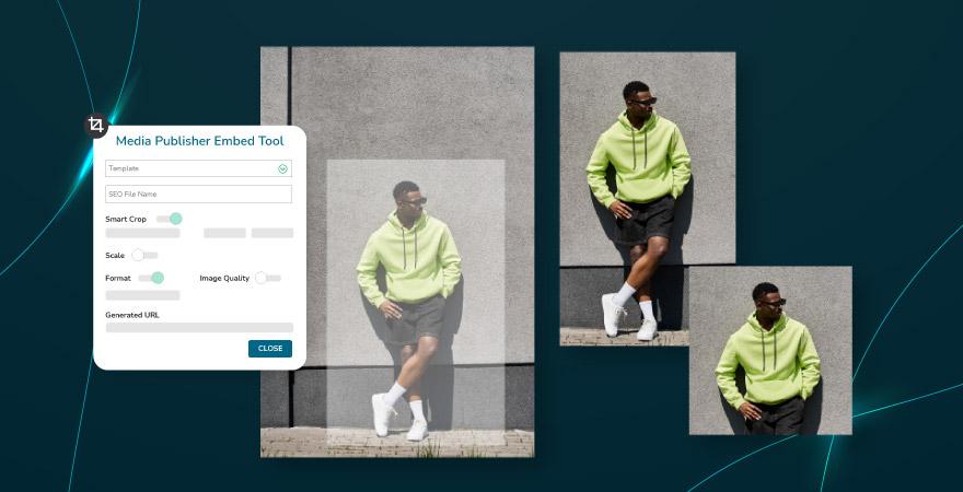 Image of the Canto Media Publisher Embed tool interface automatically transforming and delivering images of a model into the correct sizes and formats to different destinations overtop a blue background.