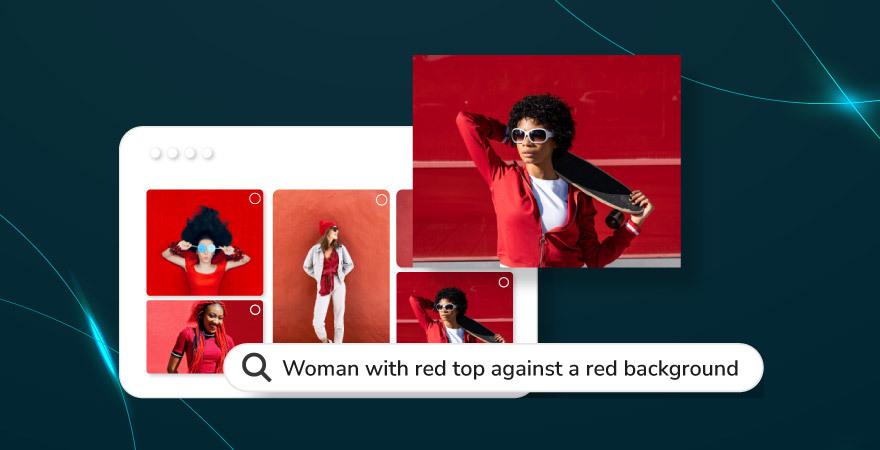 Image of Canto AI Visual Search scanning Canto library for relevant results for "woman with red top against a red background" over a blue background.
