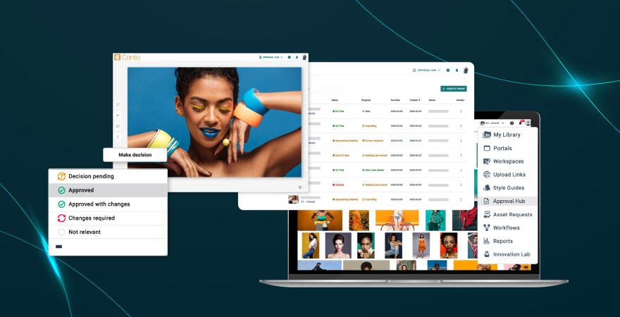 Image of Canto Approval Hub interface with an approved image of a female model over a blue background.