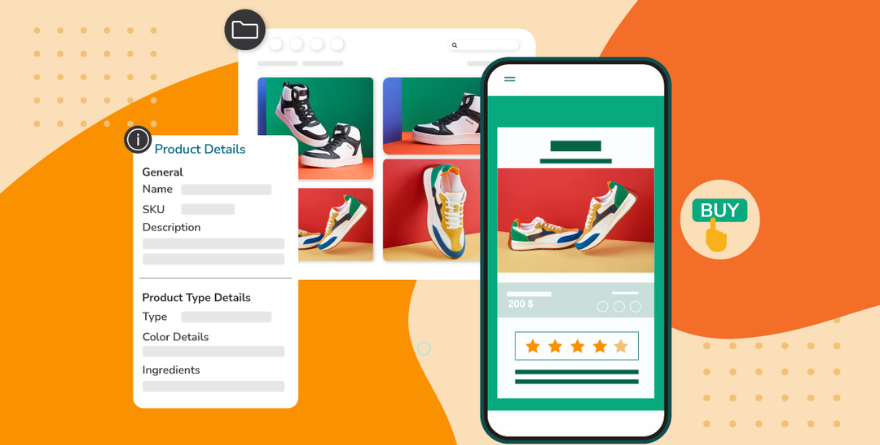 Abbildungen von Sportschuhen in einem Ecommerce-DAM+PIM-System mit Dialogfenster to SKU und Produktbeschreibung.