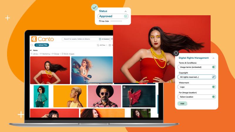 Abbildung einer Frau im roten Kleid mit DRM- und Genehmigungsstatus-Elementen, weitergegeben über das Digital Asset Management-System von Canto.