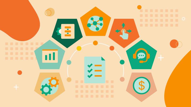 Abstrakte Darstellung eines kreisförmigen Diagramms mit sechseckigen Symbolen um ein zentrales Dokumenten-Icon auf beigem Hintergrund.