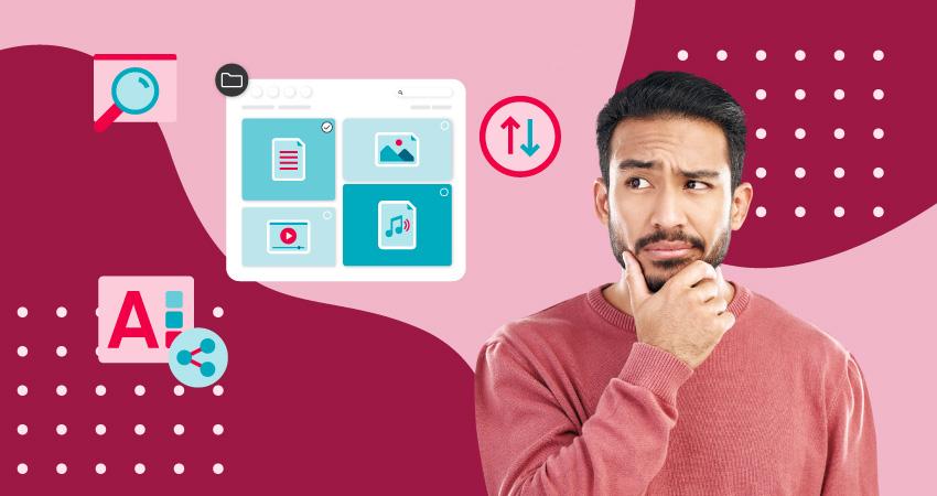 Geschäftsmann denkt über DAM-Software nach für Brand Management, effiziente Asset-Suche und schnellere Bereitstellung.