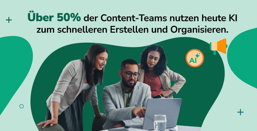 Content-Team arbeitet gemeinsam an einem Laptop. Text: Über 50 % der Content-Teams nutzen heute KI zum schnelleren Erstellen und Organisieren. Veranschaulicht KI-Einsatz für digitale Inhalte 2026.