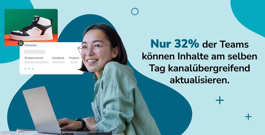 Content-Profi arbeitet an einem Laptop. Text: Nur 32 % der Teams können Inhalte am selben Tag kanalübergreifend aktualisieren. Zeigt Herausforderungen bei Content Operations 2026.
