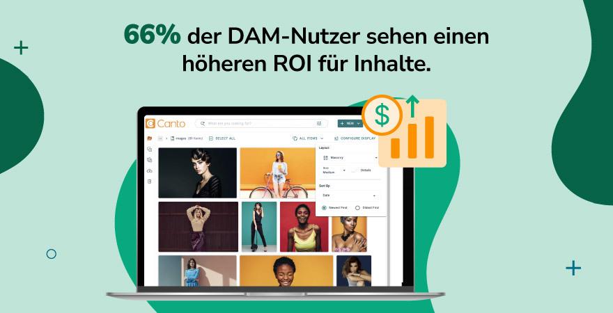 DAM-Plattform-Oberfläche auf einem Laptop. Text: 66 % der DAM-Nutzer sehen einen höheren ROI für Inhalte. Zeigt Auswirkungen von Digital Asset Management auf Content-ROI 2026.