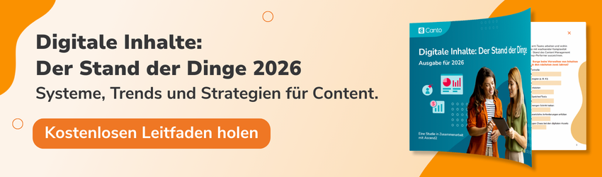 Banner für "Digitale Inhalte: Der Stand der Dinge 2026" mit Aufruf an die Leser, sich mit Systemen, Trends und Strategien zu befassen, die Inhalte prägen, sowie Button zum Herunterladen des kostenlosen Leitfadens.
