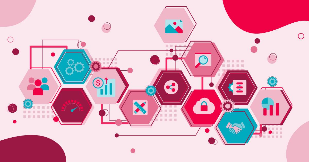 Image showing marketing tech stack working together over a red background.