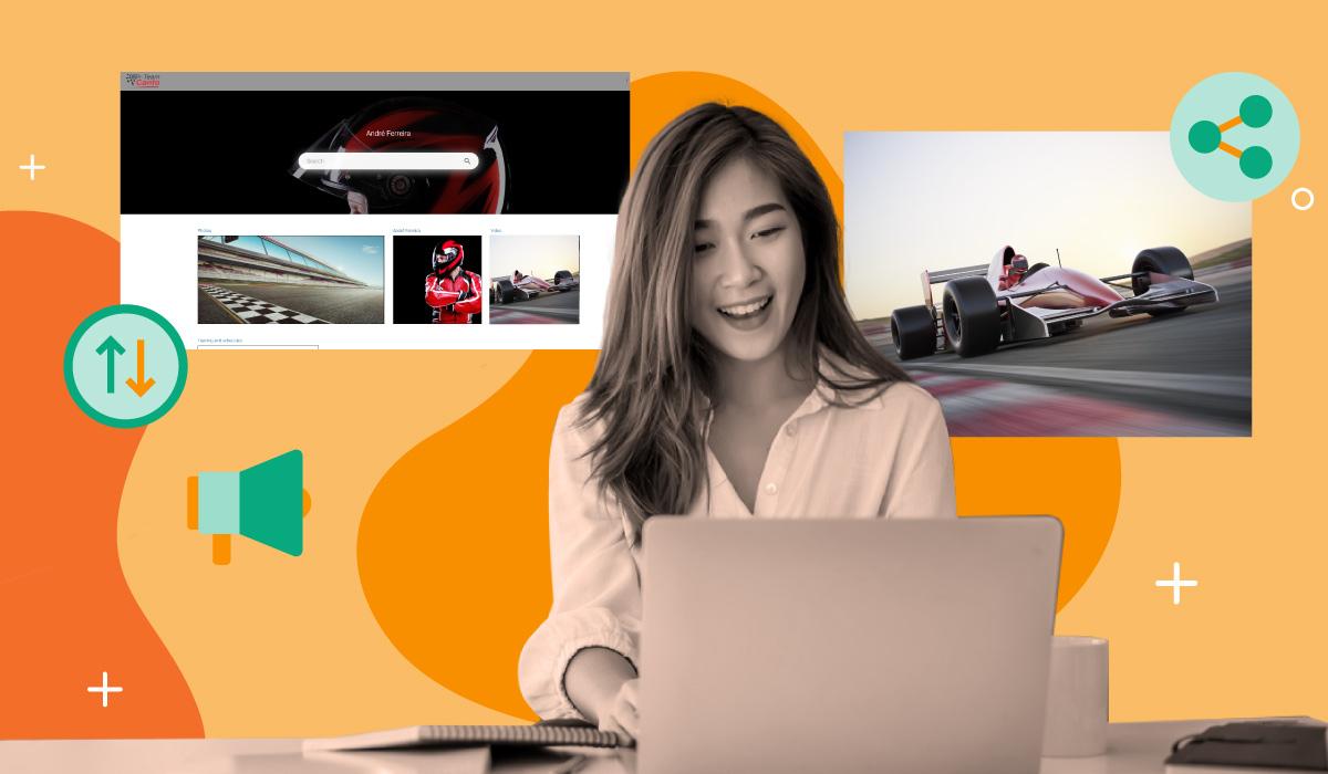 Happy professional working on a laptop, and she is sharing, publishing, and distributing media assets from a digital asset management platform.