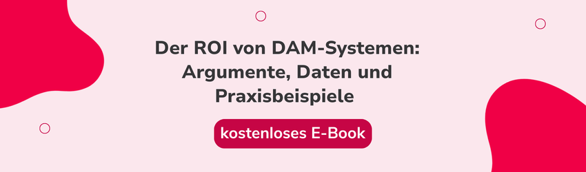 Banner für ein kostenloses E-Book mit dem Text „Der ROI von DAM-Systemen: Argumente, Daten, Praxisbeispiele“ und "kostenloses E-Book", welches Einblicke bietet, wie DAM-Systeme durch Kosteneinsparungen die Marketingeffizienz steigern und operative Verschwendung reduzieren können.