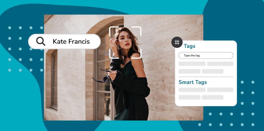Digital Asset Management librarian using AI facial recognition and smart tags to organize and search digital assets within a centralized DAM system.