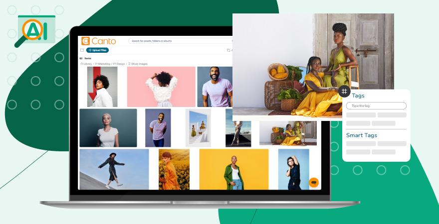 Digital Asset Management librarian reviewing organized digital asset library on laptop, applying metadata and smart tags for improved search and governance.
