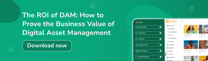 Digital Asset Management librarian resource banner promoting ROI of DAM guide on proving the business value of digital asset management software.