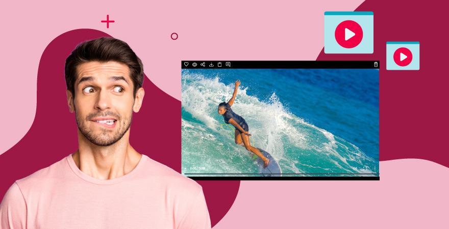 A man in a pink shirt with a video and video icons float behind him all over a red background 