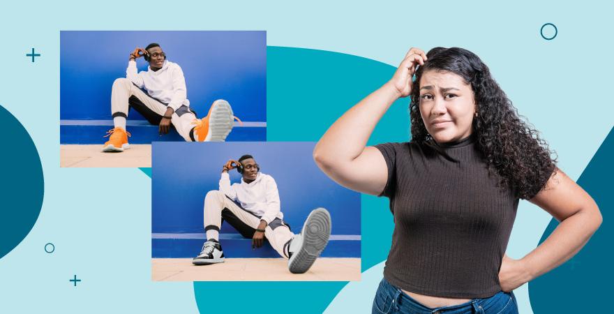 an image of a woman in a black top looking confused with two images of the same model but one with orange shoes and one with gray all over a blue background.