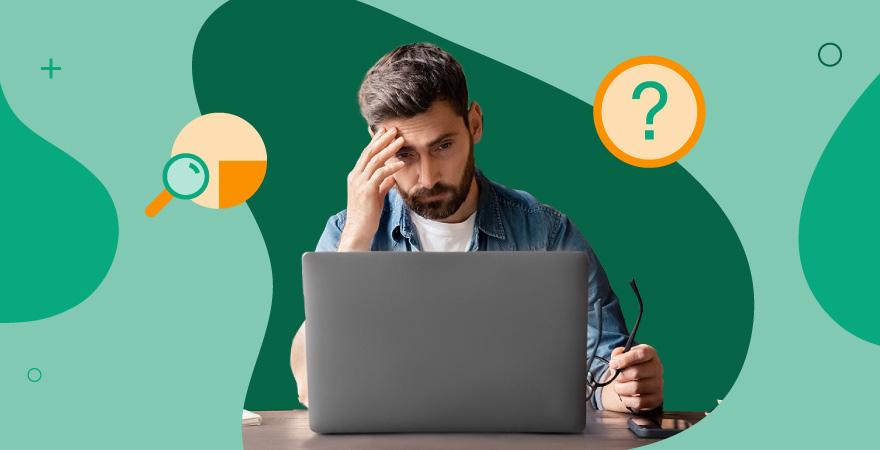 A man in a blue shirt looks at hid computer concerned with orange icons of a search-bar and a question mark over a green background