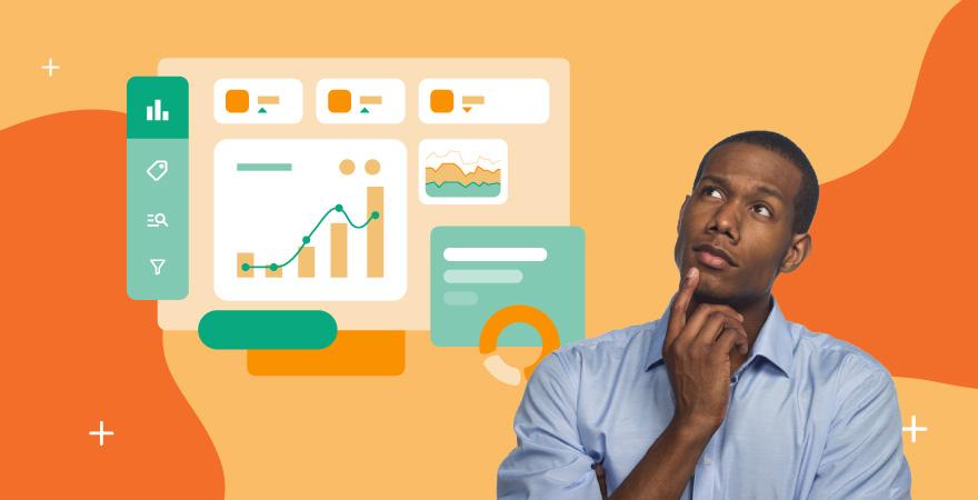 a man in a blue shirt looking curious with an illustrated brand management system behind him all over an orange background