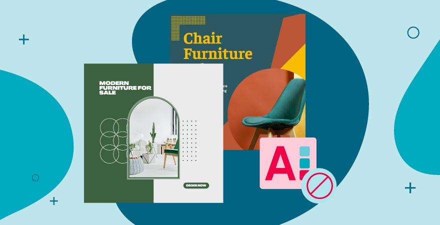 pictures of ads for a furniture company with an illustrated icon of a red style guide icon and a red no symbol all over a blue background