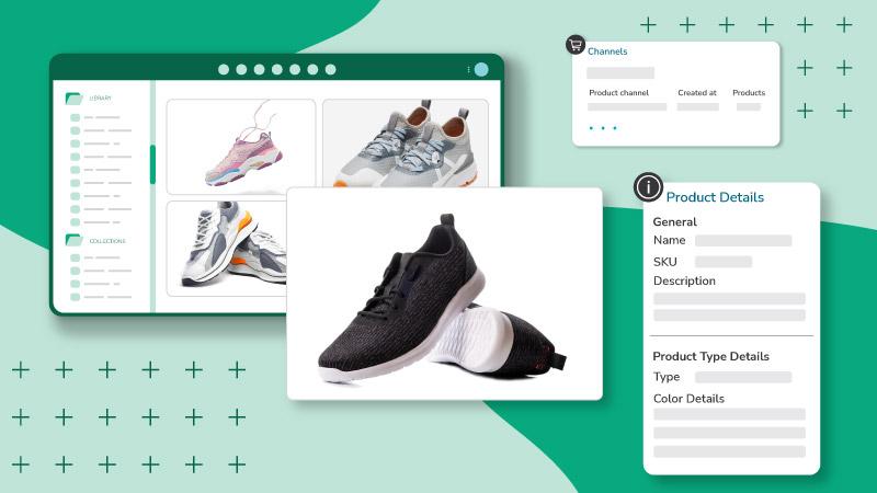 Das System zeigt Produktabbildungen und Dialogfenster für PIM-Funktionen wie Produktdetails mit SKU und Produkttyp-Attributen sowie für Channels.